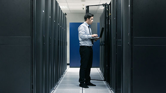 Student working on cloud computing servers