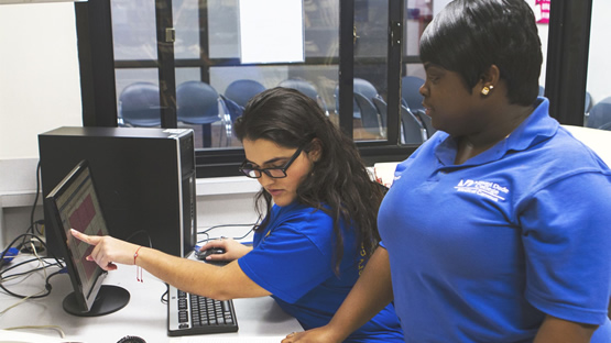 Two students review medical information on a computer together