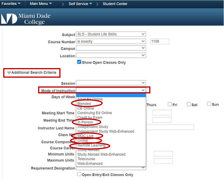 Screenshot of MDConnect Search Criteria with the Mode of Instructions menu open